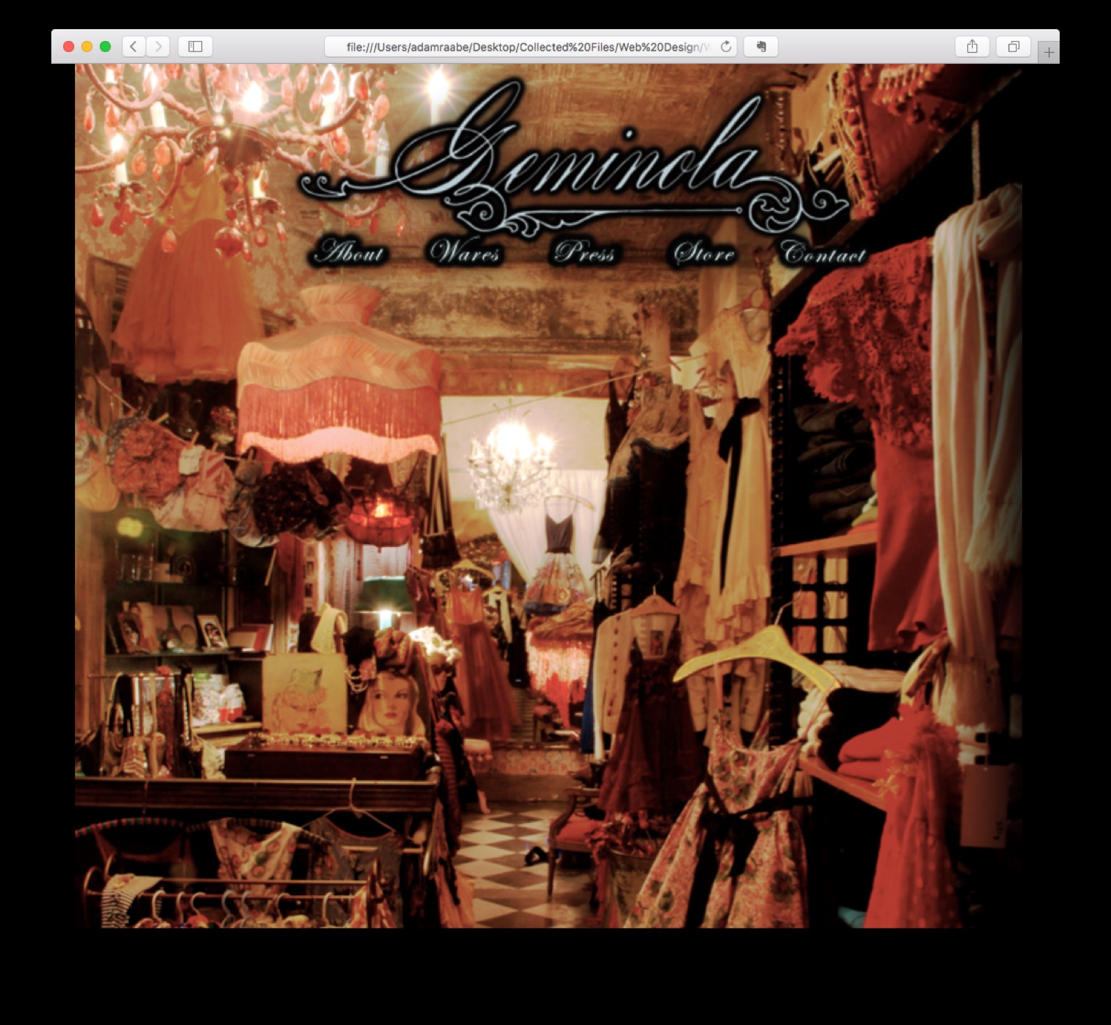 Geminola homepage composite, West Village couture boutique